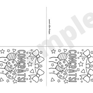 Puede incluir: Una tarjeta para colorear imprimible en blanco y negro con un mensaje de felicitaci&oacute;n, globos, estrellas y lazos. La tarjeta est&aacute; dise&ntilde;ada para ser doblada por la mitad.