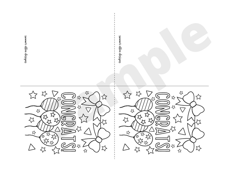 Puede incluir: Una tarjeta para colorear imprimible en blanco y negro con un mensaje de felicitaci&oacute;n, globos, estrellas y lazos. La tarjeta est&aacute; dise&ntilde;ada para ser doblada por la mitad.
