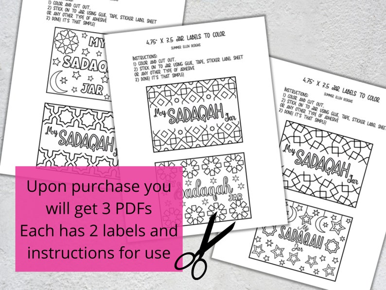 May include: Three printable sheets of 4.75 x 3.5 inch labels with a black and white design featuring a crescent moon, stars, and the words "My Sadaqah Jar". The labels are designed to be colored and then used to decorate jars.