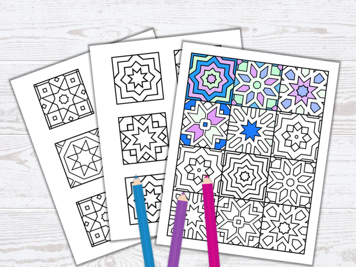 3 Printable Mosaic Tile Coloring Pages Geometric Coloring - Etsy