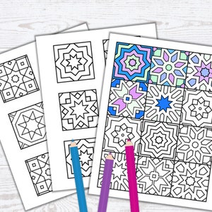 3 Printable Mosaic Tile Coloring Pages - Geometric Coloring Page - Adult Coloring Page ...