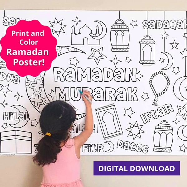 Affiche à colorier géante Ramadan Moubarak - Décoration bricolage Ramadan pour enfants et adultes - Bannière Ramadan - PDF à téléchargement immédiat