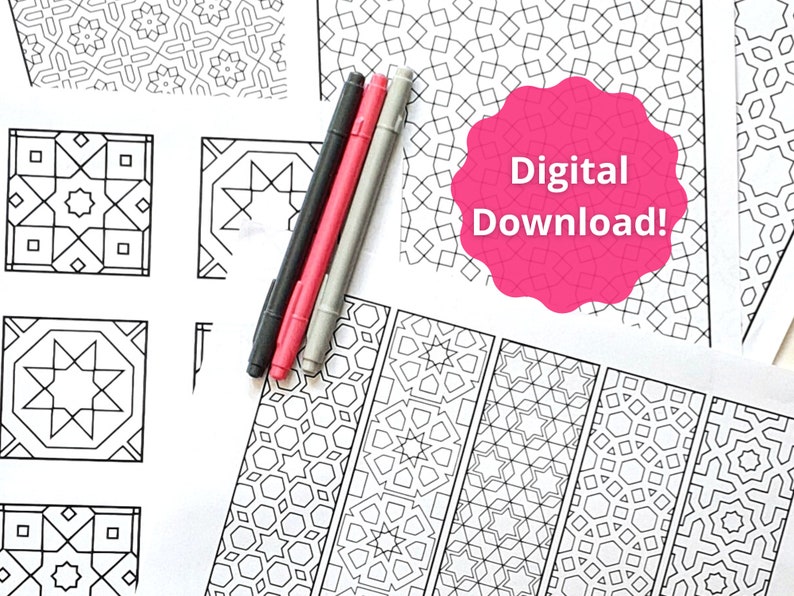 May include: A set of printable coloring pages featuring intricate geometric patterns inspired by Islamic art. The pages are designed for adults and feature a variety of designs, including squares, stars, and hexagons. The text "Digital Download!" is visible on the image.