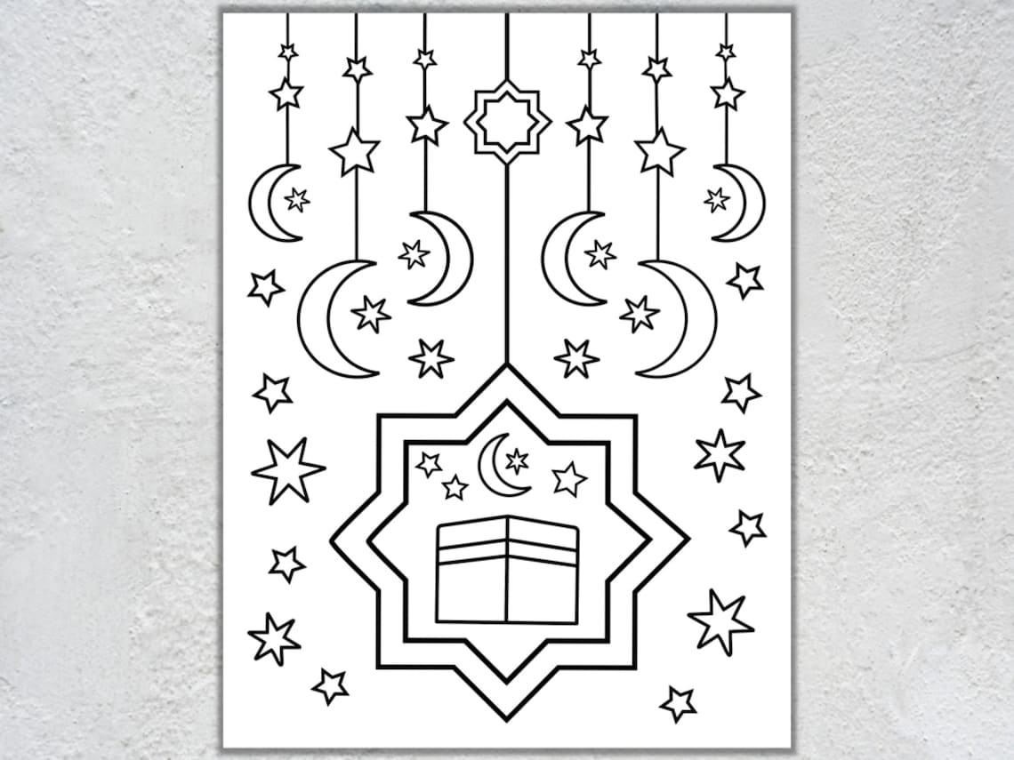 2 Kaaba Coloring Pages with Moon and Stars Eid Al-Adha | Etsy