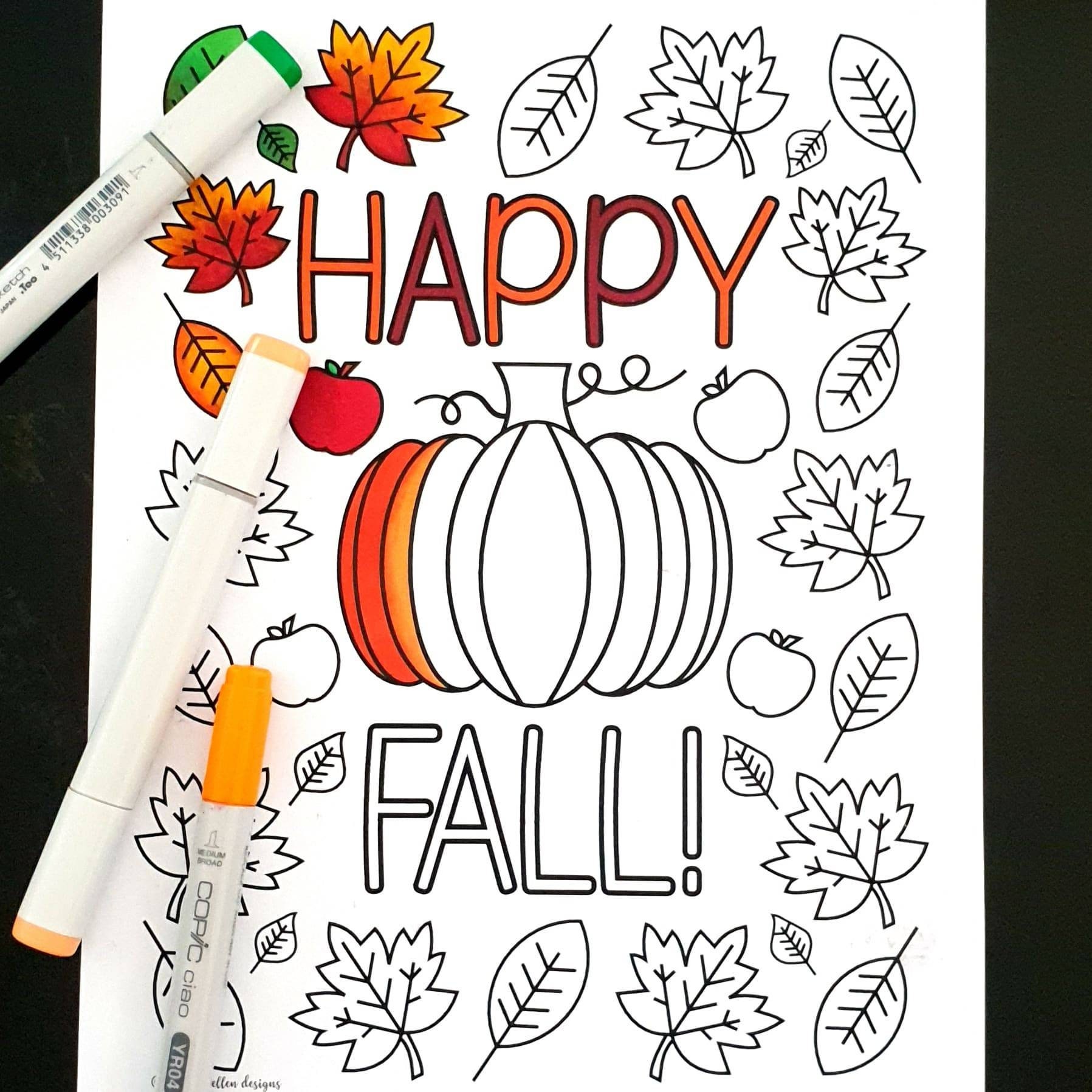 Happy Fall Coloring Page Adult Coloring Page for Fall Fall | Etsy