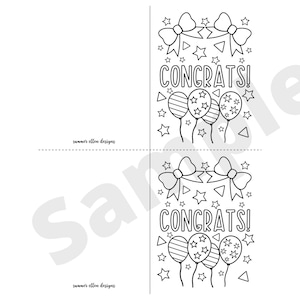 Puede incluir: Una p&aacute;gina para colorear imprimible en blanco y negro con una tarjeta con la palabra "CONGRATS!" y globos con estrellas. La tarjeta est&aacute; decorada con lazos y estrellas.