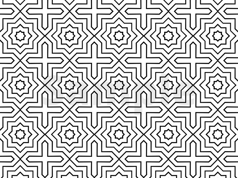 Peut inclure: Un motif g&eacute;om&eacute;trique noir et blanc avec des &eacute;toiles &agrave; huit branches qui se r&eacute;p&egrave;tent. Le motif est compos&eacute; de fines lignes qui cr&eacute;ent un design complexe et &eacute;labor&eacute;.