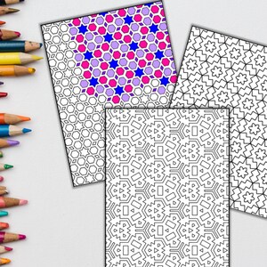 Peut inclure: Trois pages &agrave; colorier en noir et blanc avec des motifs g&eacute;om&eacute;triques complexes. La page du haut a une section partiellement color&eacute;e en rose, violet et bleu.