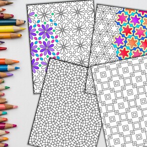 Peut inclure: Cinq pages &agrave; colorier imprimables pr&eacute;sentant des motifs g&eacute;om&eacute;triques complexes. Les motifs comprennent un motif floral, un motif d'&eacute;toiles, un motif carr&eacute; et deux autres motifs g&eacute;om&eacute;triques plus complexes.