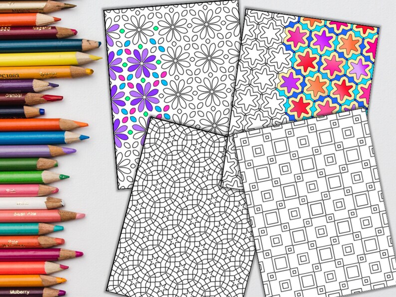 Peut inclure: Cinq pages &agrave; colorier imprimables pr&eacute;sentant des motifs g&eacute;om&eacute;triques complexes. Les motifs comprennent un motif floral, un motif d'&eacute;toiles, un motif carr&eacute; et deux autres motifs g&eacute;om&eacute;triques plus complexes.