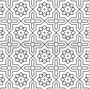 May include: Black and white geometric pattern with repeating star shapes and lines. The pattern is symmetrical and creates a sense of depth and dimension.