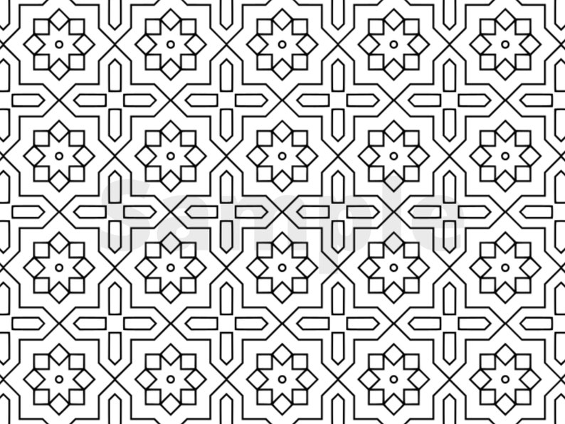 May include: Black and white geometric pattern with repeating star shapes and lines. The pattern is symmetrical and creates a sense of depth and dimension.