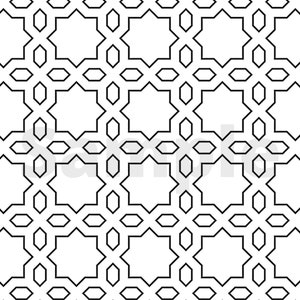May include: Black and white geometric pattern with repeating eight-pointed stars and diamond shapes.