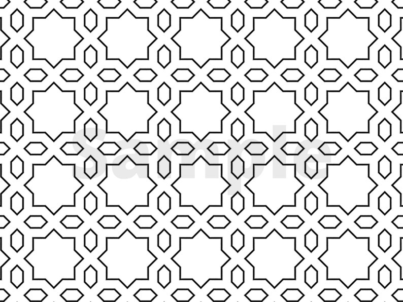 May include: Black and white geometric pattern with repeating eight-pointed stars and diamond shapes.