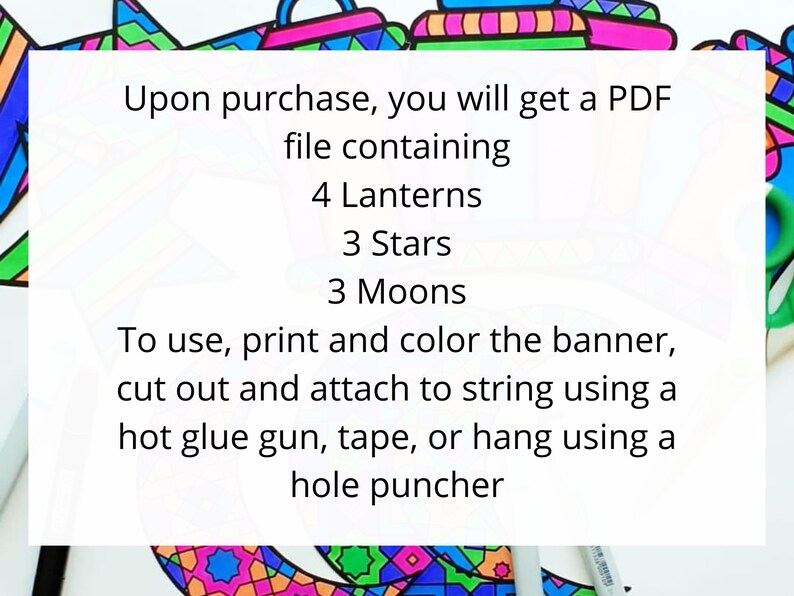 DIY Ramadan Banner with Moons, Stars and Lanterns Ramadan Crafts Print and Color Ramadan Bunting Ramadan Garland Digital Download zdjęcie 3