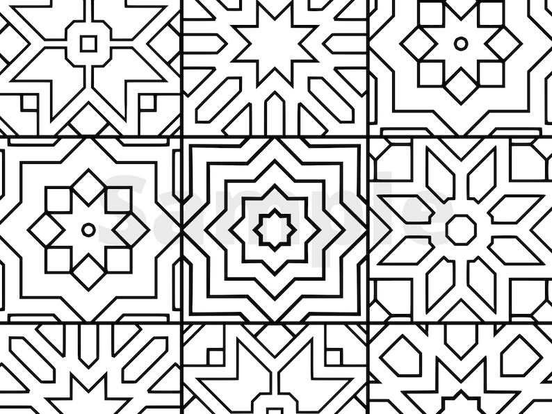 May include: A grid of nine geometric patterns in black and white. Each square features a unique design composed of lines and shapes, including stars, squares, and octagons. The patterns are symmetrical and intricate, creating a visually engaging composition.