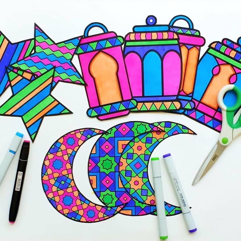DIY Ramadan Banner with Moons, Stars and Lanterns Ramadan Crafts Print and Color Ramadan Bunting Ramadan Garland Digital Download zdjęcie 7