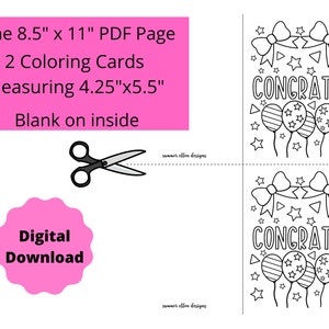 Puede incluir: P&aacute;gina para colorear imprimible con dos tarjetas que muestran una ilustraci&oacute;n en blanco y negro de globos, lazos y estrellas con el texto "CONGRATS!" Las tarjetas miden 4,25 pulgadas por 5,5 pulgadas y est&aacute;n dise&ntilde;adas para ser recortadas y coloreadas.