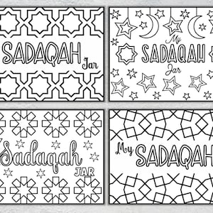 May include: Four printable coloring pages featuring a geometric pattern with stars and crescent moons. The text on the pages reads "My Sadaqah Jar".