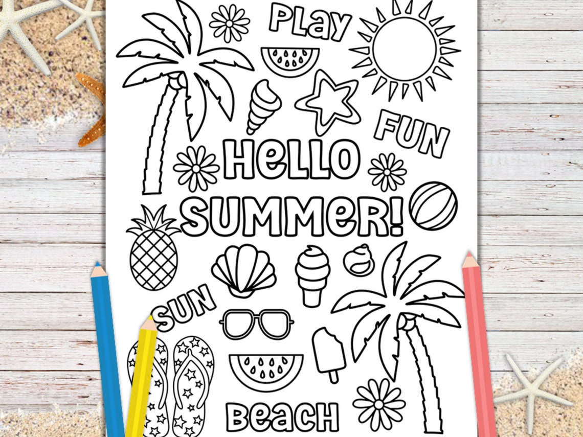 Hello Summer Printable Page Summer Vacation Coloring Kids - Etsy
