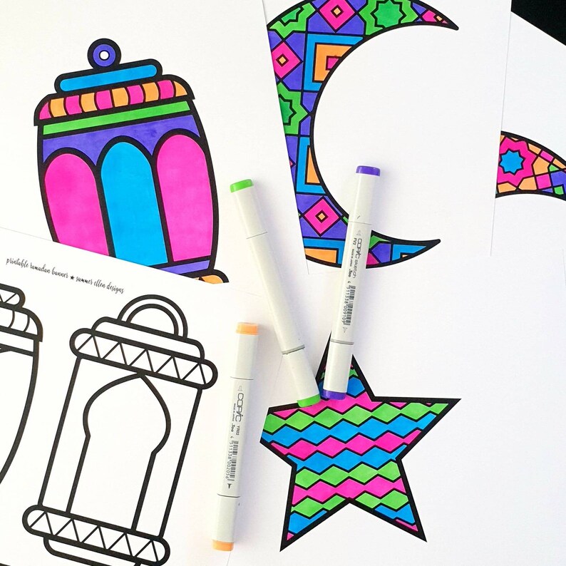 DIY Ramadan Banner with Moons, Stars and Lanterns Ramadan Crafts Print and Color Ramadan Bunting Ramadan Garland Digital Download image 6