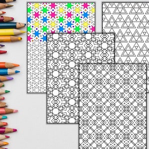 Peut inclure: Cinq pages &agrave; colorier imprimables pr&eacute;sentant des motifs g&eacute;om&eacute;triques. Les motifs comprennent des &eacute;toiles, des triangles et des carr&eacute;s.