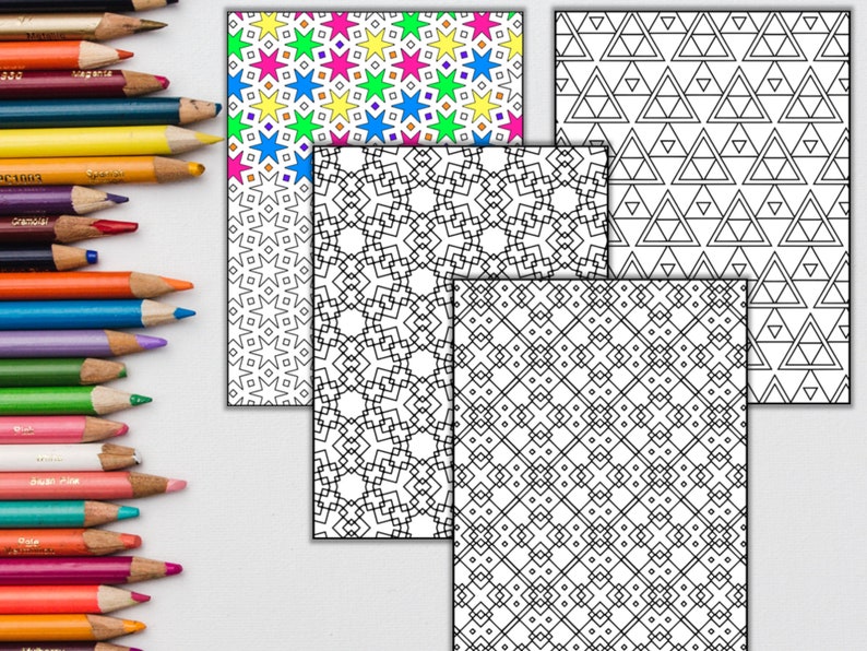 Peut inclure: Cinq pages &agrave; colorier imprimables pr&eacute;sentant des motifs g&eacute;om&eacute;triques. Les motifs comprennent des &eacute;toiles, des triangles et des carr&eacute;s.