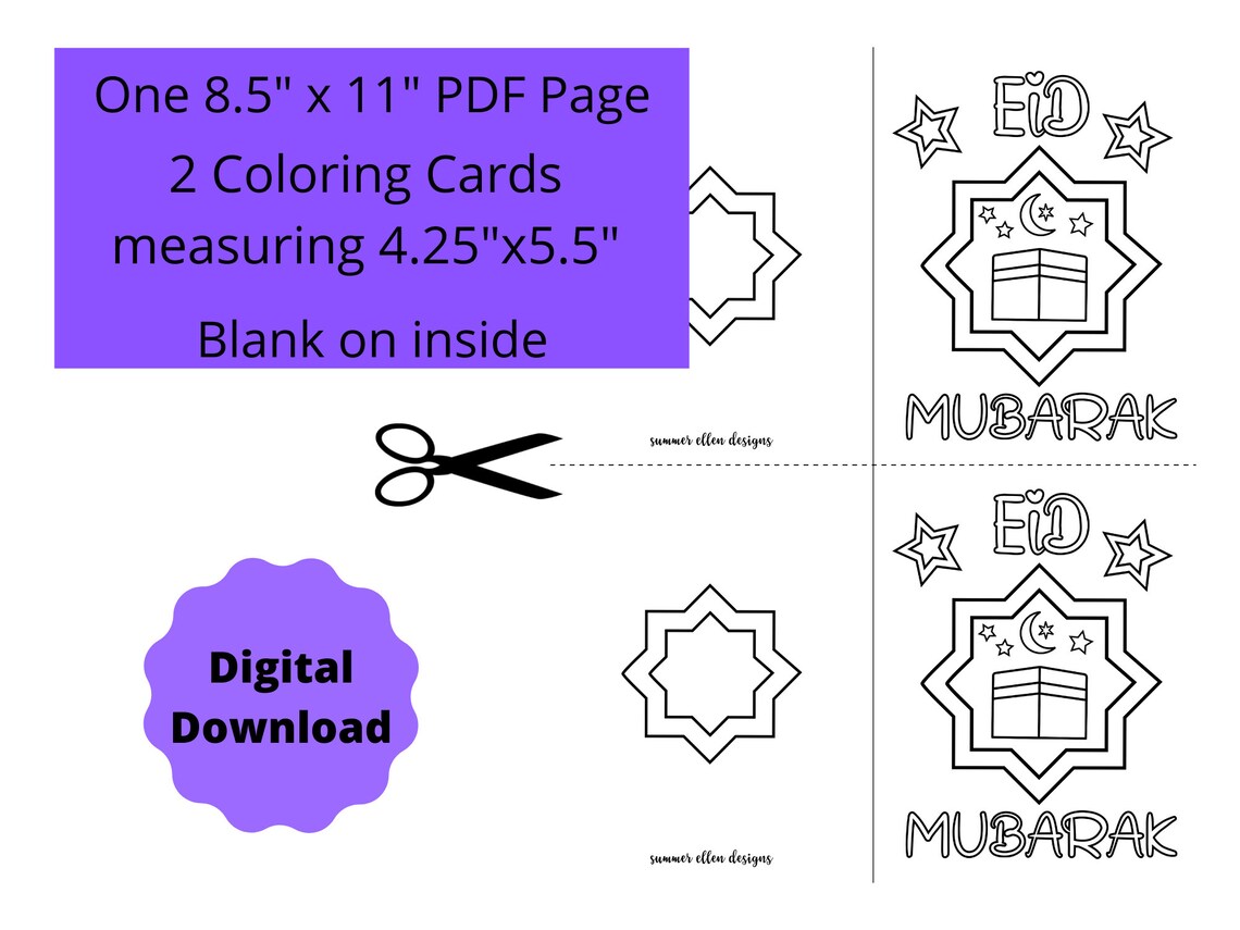 Eid Mubarak Coloring Cards With Kaaba Design Eid Card Eid - Etsy