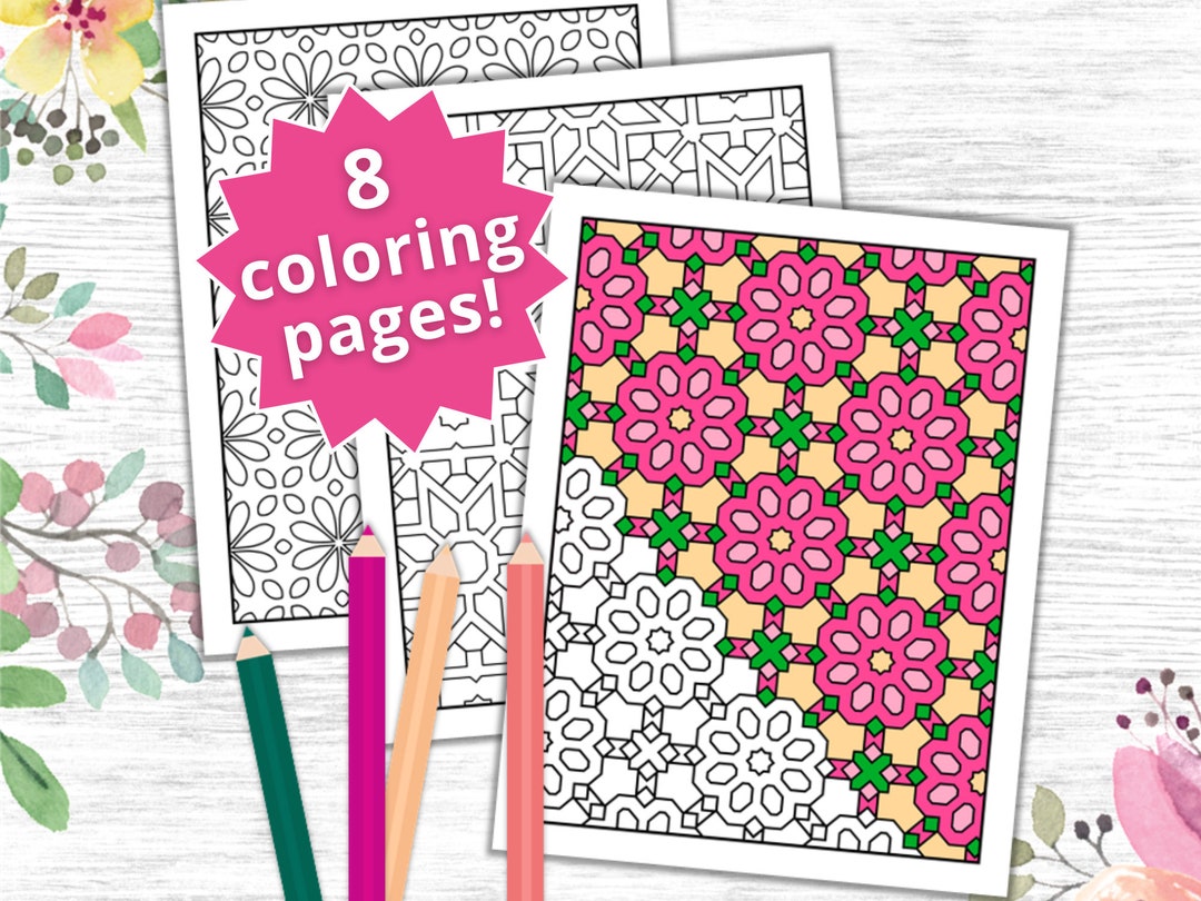 Floral Coloring Pages: 8 Flower Pattern Designs (PDF Instant Download ...