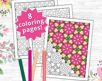 May include: Eight coloring pages featuring intricate geometric patterns with black outlines. The pages are printed on white paper and are ready to be colored.