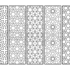 May include: Five black and white geometric patterns with intricate designs. The patterns are arranged vertically in a row.