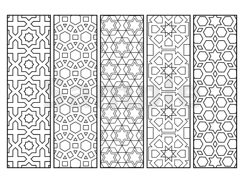 May include: Five black and white geometric patterns with intricate designs. The patterns are arranged vertically in a row.