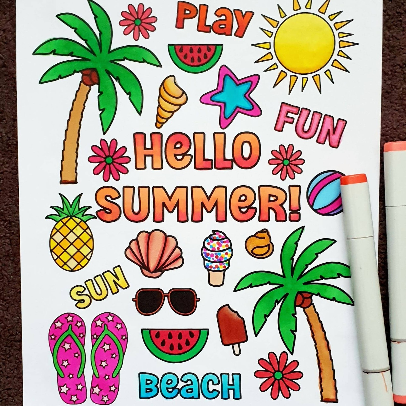 Hello Summer Printable Page Summer Vacation Coloring Kids - Etsy