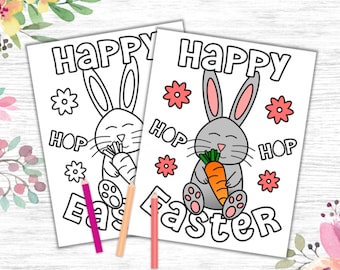 Happy Easter Coloring Card with Cute Easter Bunny Design - Printable Easter Greeting Card - Kids Coloring Pages for Easter