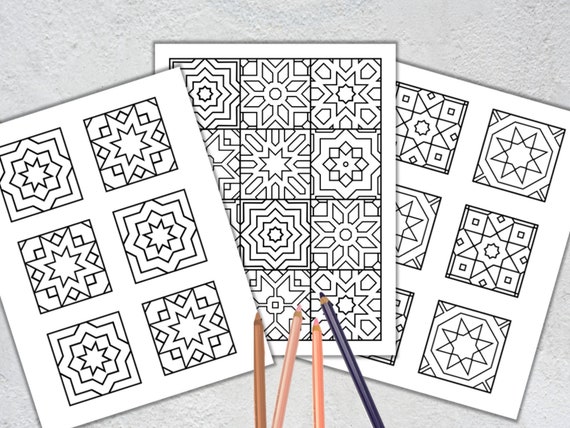 3 printable mosaic tile coloring pages geometric coloring etsy australia
