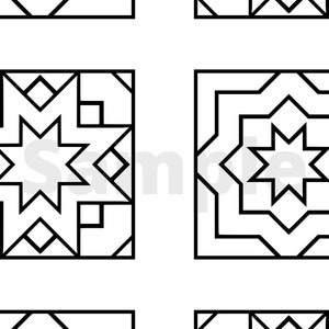 May include: Black and white geometric patterns. The image features a repeating pattern of square shapes, each containing a star-like design. The designs are outlined in black, creating a high-contrast visual effect. The overall aesthetic is clean and modern.
