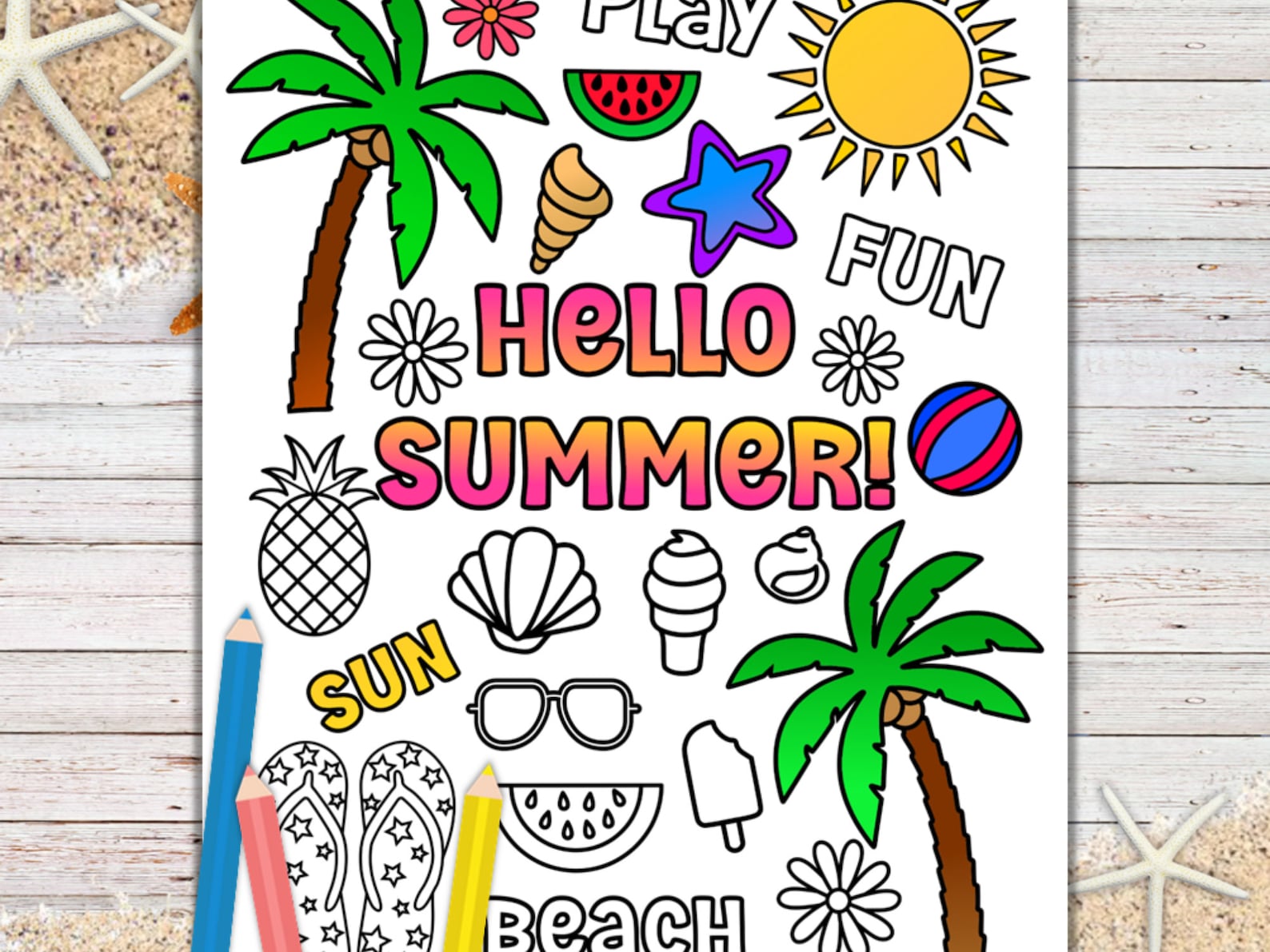 Hello Summer Printable Page Summer Vacation Coloring Kids - Etsy