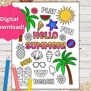 Hello Summer Printable Page - Summer Vacation Coloring - Kids Coloring ...