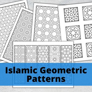 May include: A set of printable Islamic geometric patterns. The patterns are black and white and feature intricate designs. The title "Islamic Geometric Patterns" is printed at the bottom of the page.