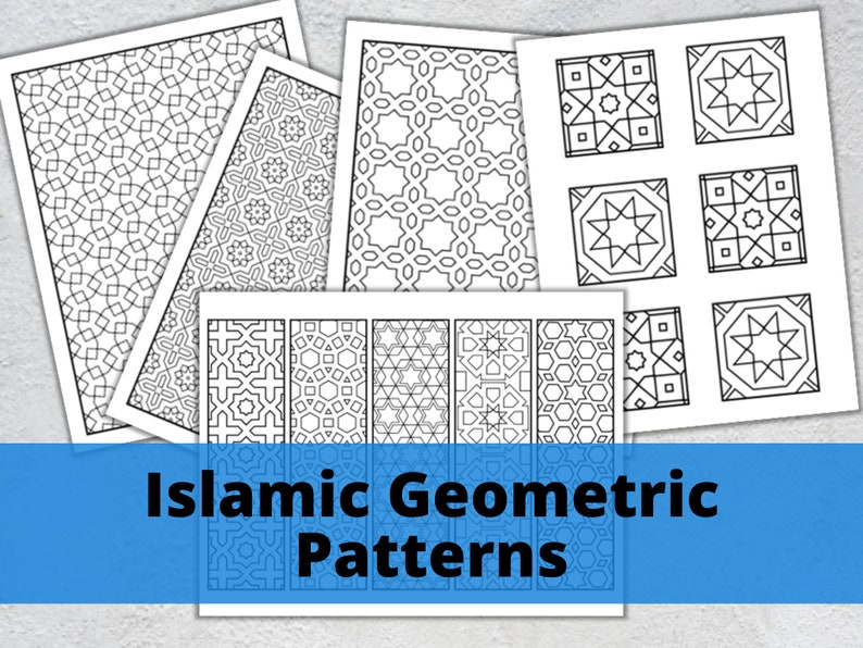 May include: A set of printable Islamic geometric patterns. The patterns are black and white and feature intricate designs. The title "Islamic Geometric Patterns" is printed at the bottom of the page.
