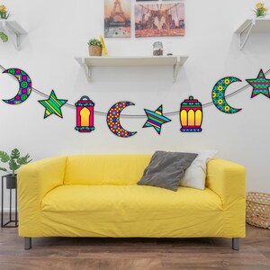 DIY Ramadan Banner with Moons, Stars and Lanterns Ramadan Crafts Print and Color Ramadan Bunting Ramadan Garland Digital Download image 2