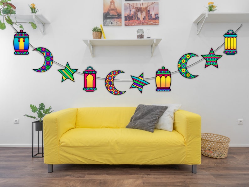 DIY Ramadan Banner with Moons, Stars and Lanterns Ramadan Crafts Print and Color Ramadan Bunting Ramadan Garland Digital Download zdjęcie 2