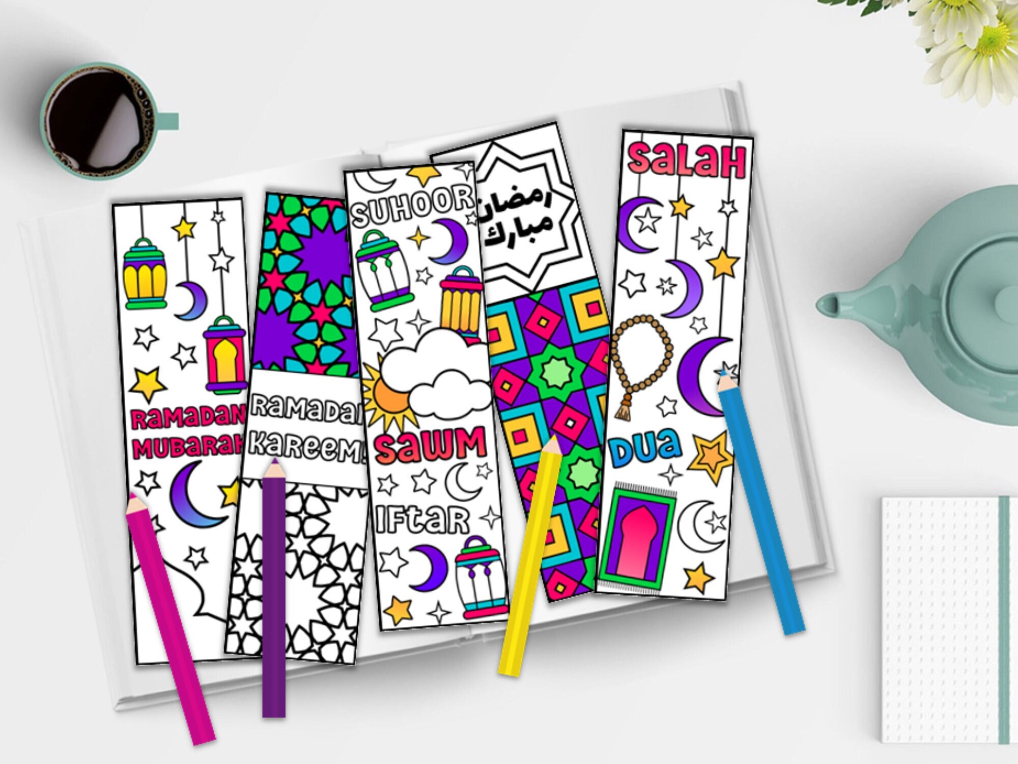 Ramadan Coloring Bookmarks - Cute Bookmark Set with Ramadan Mubarak and Ramadan Kareem Greetings - Printable Ramadan Bookmarks for Kids