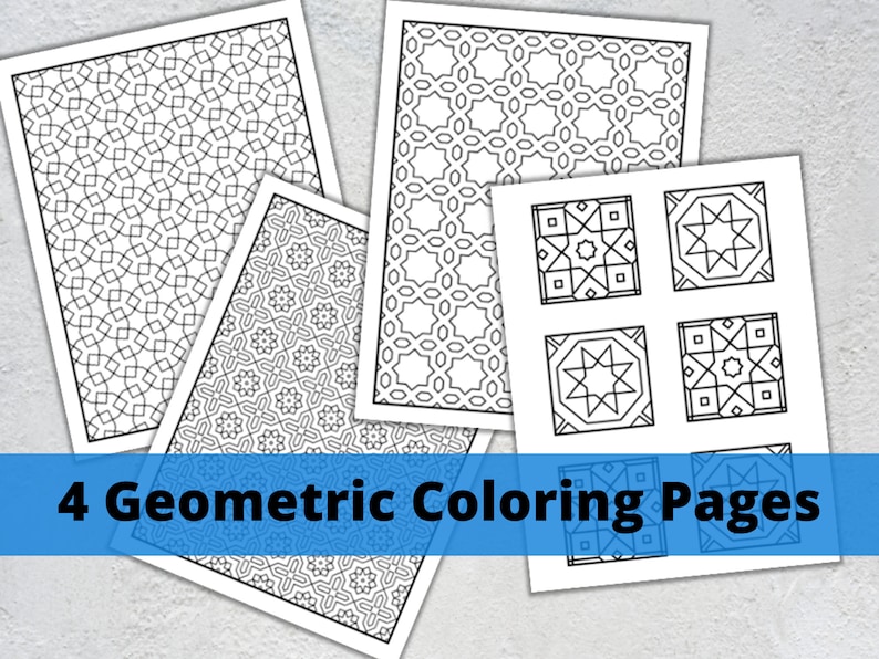 May include: Four printable geometric coloring pages featuring intricate black and white patterns.  These coloring pages are perfect for adults and children who enjoy creative activities.