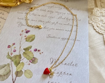 Dainty Strawberry Necklace · Small Strawberry Flower Jewelry · Minimalist Gold Jewelry · Fruits Necklace · Unique Gift · Cute Fruit Necklace