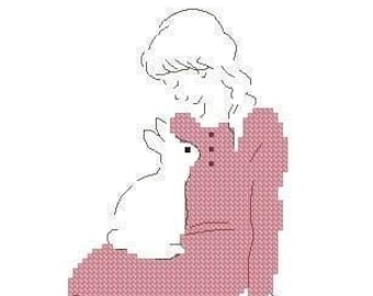 Girl and the white rabbit cross stitch pattern, easy cross stitch pattern, beginner/s cross stitch pattern
