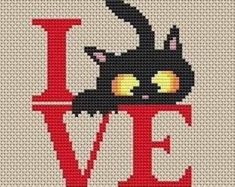 Love cross stitch pattern, cat cross stitch, love cat cross stitch, black cat cross stitch