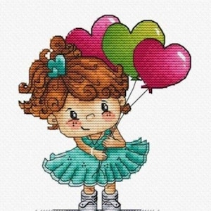 Little girl cross stitch pattern, little girl with colourful baloons cross stitch pattern, funny little girl cross stitch