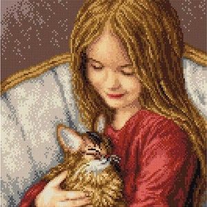 Little girl and cat cross stitch pattern, cat cross stitch pattern, little girl cross stitch