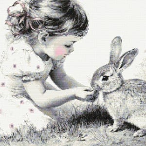 Little girl cross stitch pattern, rabbit cross stitch, little girl and rabbit cross stitch